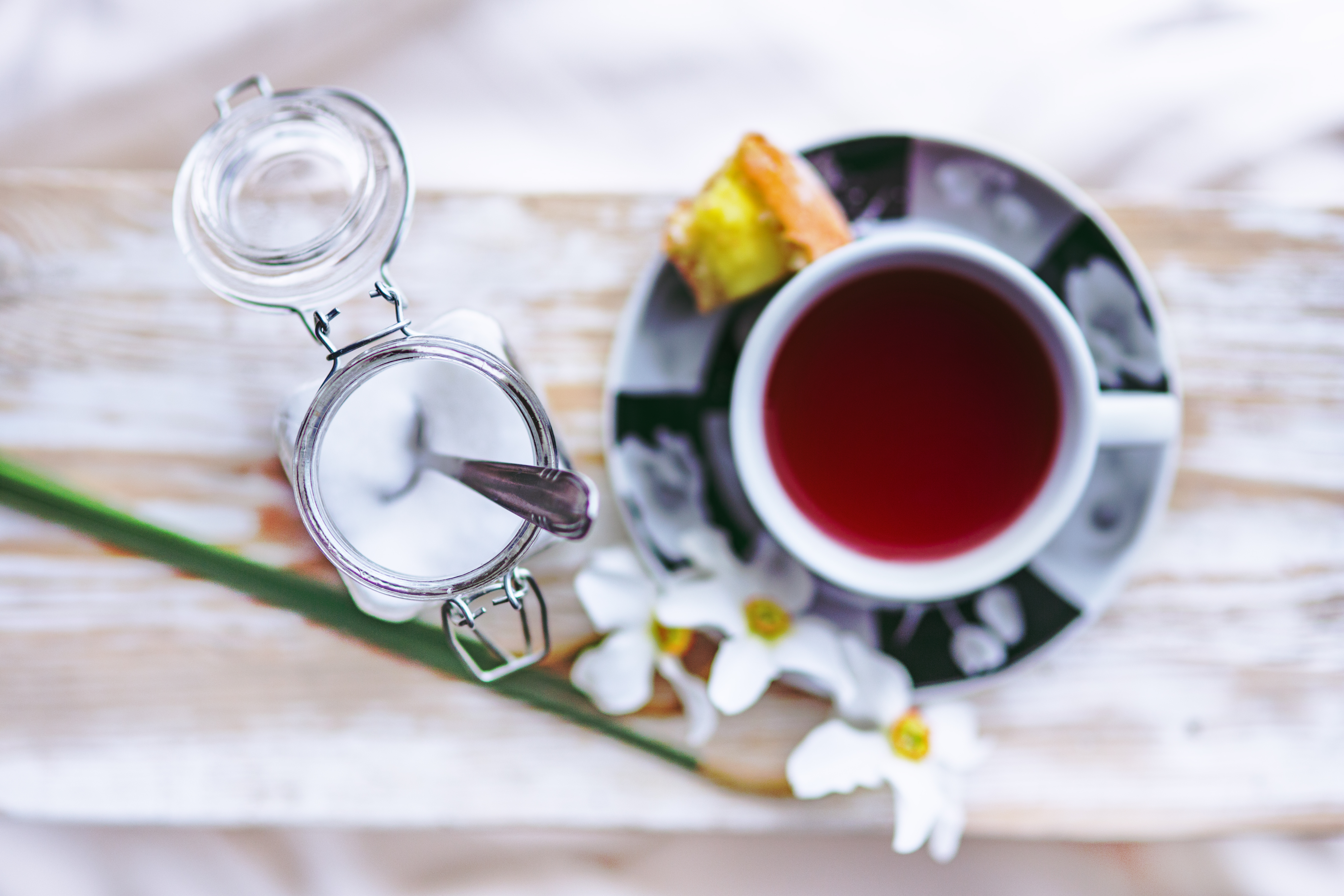 Cup of tea with a teabag from above